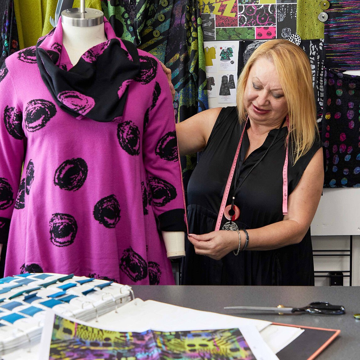 Suzana fromTaking Shape Buy and Design team taking measurements to find the perfect plus size clothing in Melbourne Australia